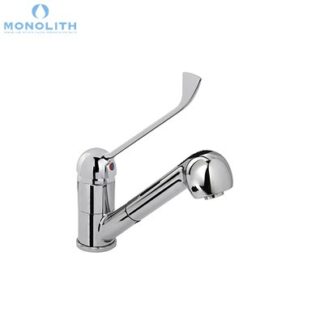 ONE HOLE MIXER WITH CHROMED CLINICAL LEVER, SWINGING SPOUT AND EXTRACTABLE SHOWER